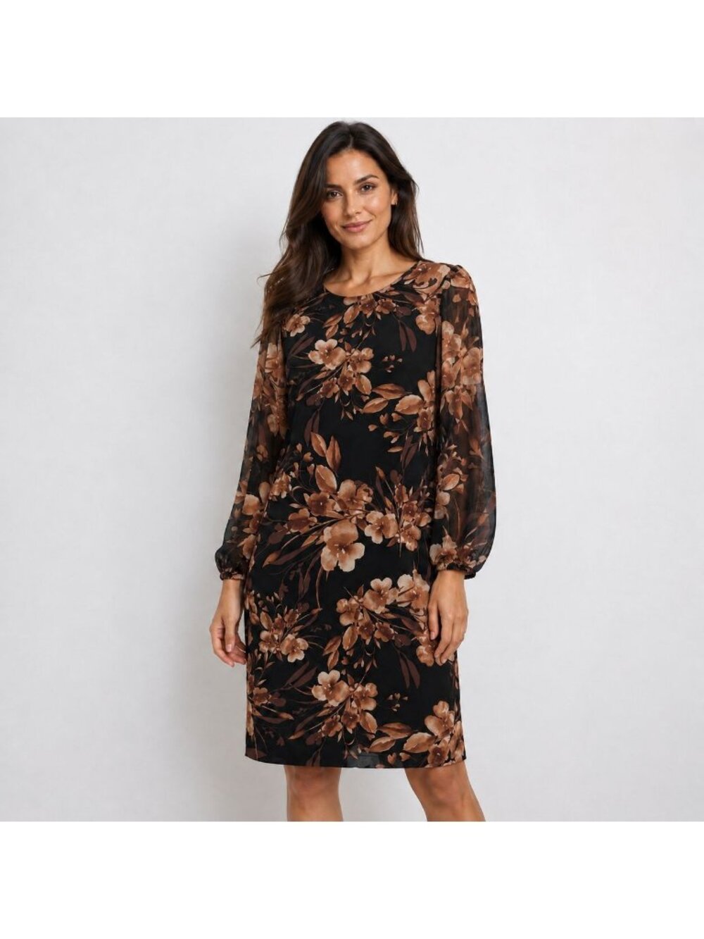 Connected Apparel Women’s Floral Chiffon Sleeve Knee Length Dress Size 8